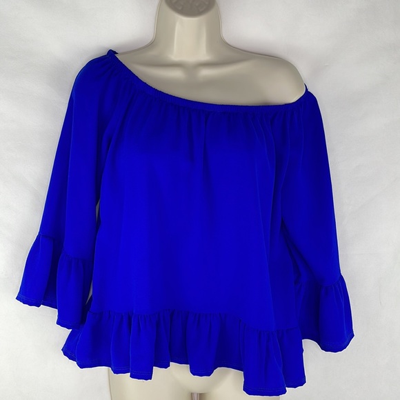 Royal Blue Off the Shoulder Top Flounce Cuff & Hem - Picture 2 of 6